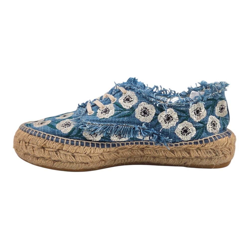 Made in Spain Espadrille Platform Sneakers Blue Floral Embroidered Frayed 7.5/38